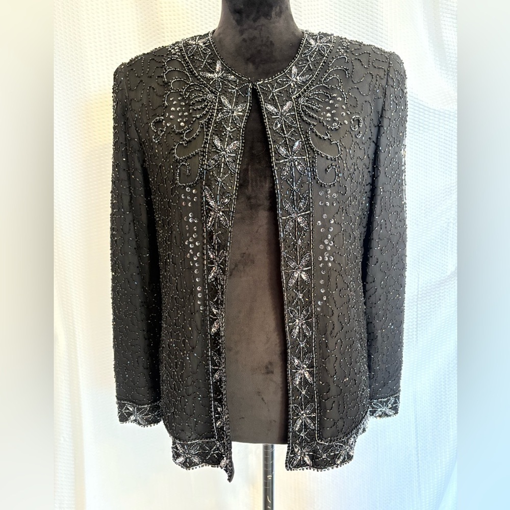 Vintage Laurence Kazan 100% silk black beaded & sequine open front jacket size S